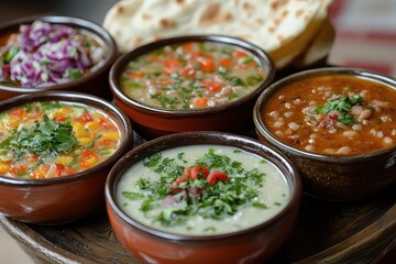 A variety of soups and stews served in traditional bowls for a comforting iftar meal