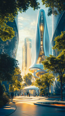 Futuristic eco city with tall sculptural skyscrapers and tree-lined pedestrian boulevard

