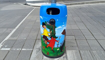 Colorful Trash Bin with Playful Artwork of Children in a Park Scene