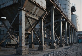 Concrete mixing plant with aggregate hoppers and conveyor belts in operation