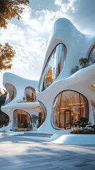 Futuristic white house with flowing organic curves and large glass windows in modern city

