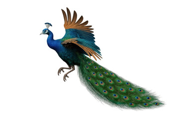 Obraz premium Majestic peacock taking flight isolated on a transparent background, vibrant colors