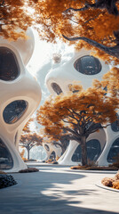 Futuristic organic buildings with autumn trees and curved architecture in serene setting

