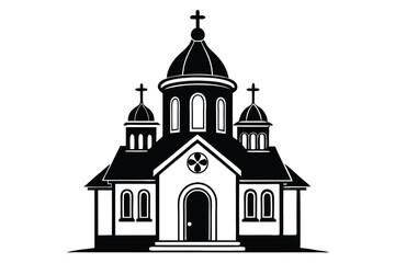 Silhouette Illustration of a Church with Domes, Crosses, and Architectural Details