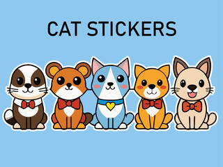 A set of cute cat stickers. Cartoon Animals with Bow Ties A Row of Cute Characters on a Light Blue Background Five