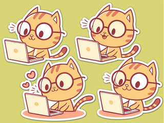 A big bundle stickers of Cute Cartoon Cats Wearing Glasses Working on Laptops with Hearts and Happy Expressions on a White Background