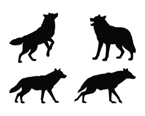 Four Wild Canine Silhouette Designs for Graphic Use, This image set features four black silhouette designs of canines, likely wolves or similar animals, in various poses.