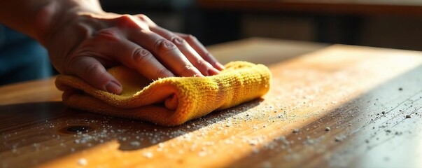 Polishing Wood to a High Shine Close-up of a Hand Buffing a Wooden Surface, Revealing Rich Grain and Texture in Sunlight