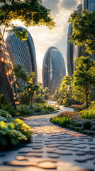 Green futuristic cityscape with innovative skyscrapers and lush urban park at sunset