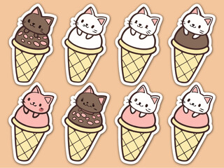 Cute Cartoon Stickers Of Cats as Ice Cream Cones Chocolate Vanilla and Strawberry Flavors on a White Background