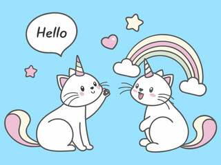 Two Cute Cartoon Unicorn Cats with Rainbow Heart Stars and Speech Bubble on a Light Blue Background