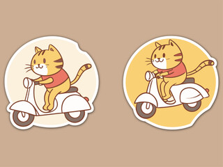 Cartoon Stickers Of  Cats Driving Scooters on a Beige Background