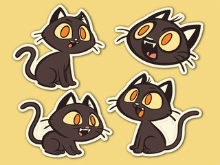 A Stickers set of Four Cartoon Black Cats with Large Orange Eyes and Playful Expressions