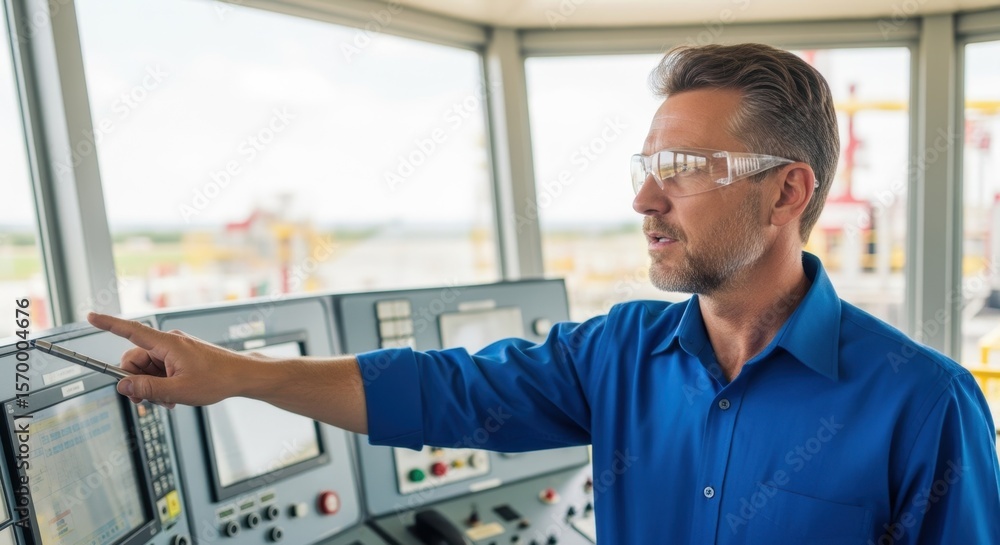Poster industrial supervisor wearing safety glasses and pointing at a computer screen, actively monitoring 