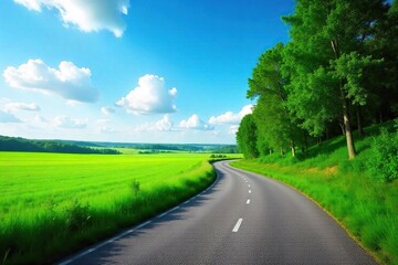 Sunlit Country Road Winding Through Lush Green Fields and Towering Trees on a Bright Sunny Day, Ideal for Travel, Nature, and Adventure Photography