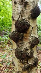 Birch tree trunk with dark burl formations in lush woodland