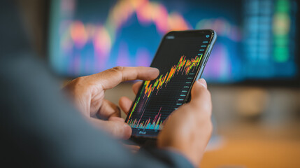Businessman using a smartphone app to buy or sell shares of stock market. Investment concept