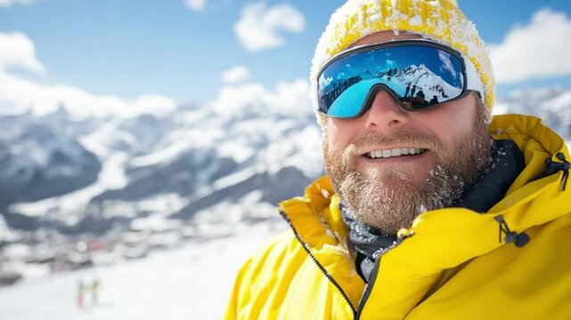 Joyful Mountaineer: A close-up view of a cheerful mountaineer, eyes reflecting a snowy mountain vista. A warm yellow jacket and hat complimenting his confident expression.