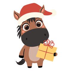 Flat vector illustration in simple vector style. Cute horse in santa claus hat holding a gift box. Symbol of the year 2026. Vector illustration