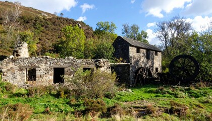Abandoned Water Mill Surrounded by Lush Greenery and Blue Sky