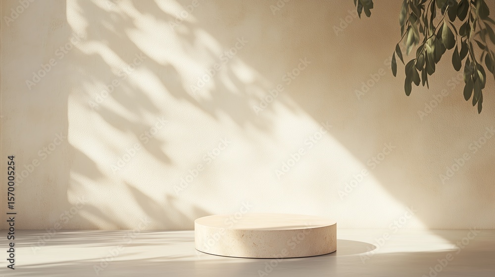 Poster natural light casts soft shadows on a minimalist display platform surrounded by greenery in a serene