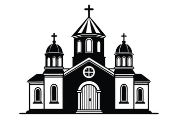 Black and White Vector Illustration of an Orthodox Church with Multiple Crosses