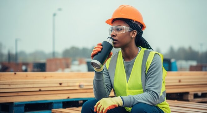 Female construction worker wearing a hardhat, safety glasses, and a high visibility vest takes a break on a rainy day, sitting on lumber and drinking from a thermos - Powered by Adobe