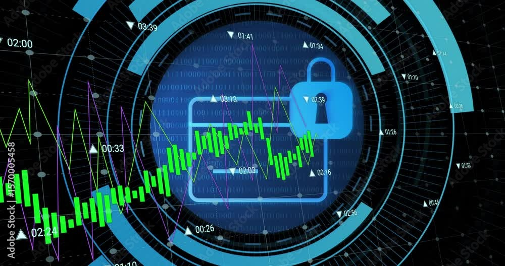 Poster node grid firing chart bars fluctuating while hud rings circling wallet lock showing security