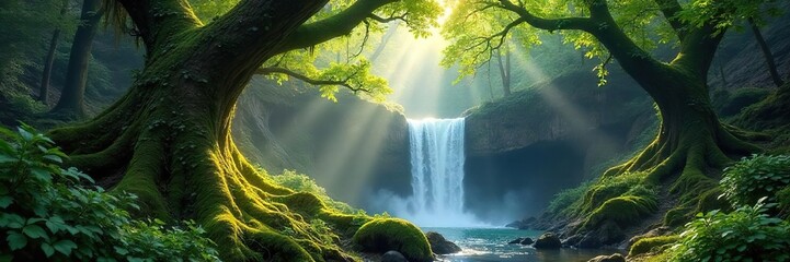 Mystical Forest Ancient Moss-Draped Trees and Hidden Waterfall in Serene Sunlight