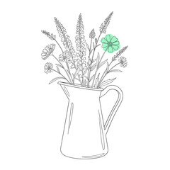 Floral arrangement in pitcher with green flower accent  