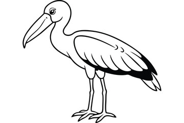 Simple Black and White Cartoon Illustration of a Standing Stork with Long Legs