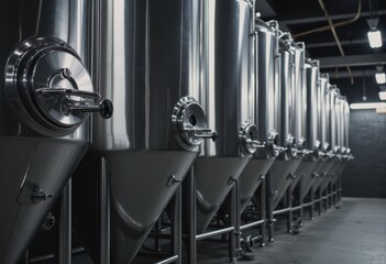 Brewery fermentation tanks lined up, showcasing stainless steel vessels