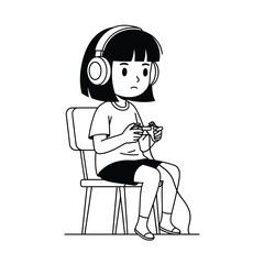 Black and white line art illustration of a young girl playing video games with headphones