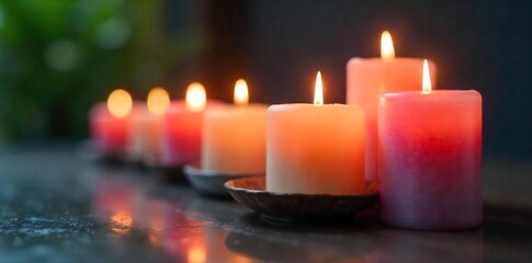 Serene Burning Candles Close-Up of Varied Sizes and Colors, Creating a Relaxing and Calming Atmosphere Ideal for Spa, Meditation, and Stress Relief Imagery