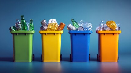 The colorful recycling bins filled with various types of waste materials.