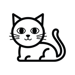 Simple black and white line drawing of a cute cartoon cat sitting