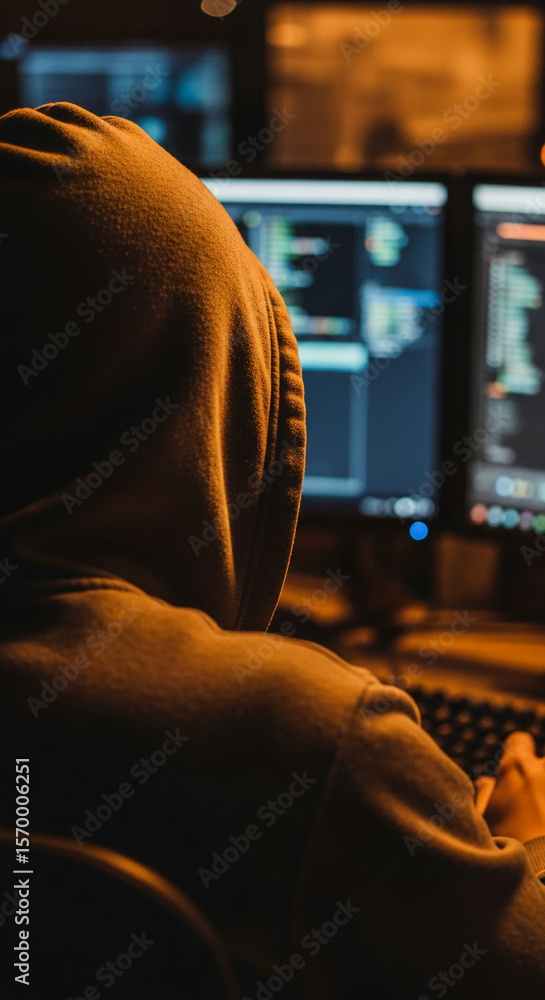 Poster back view of person wearing hoodie, seated before illuminated computer screens displaying code, sugg