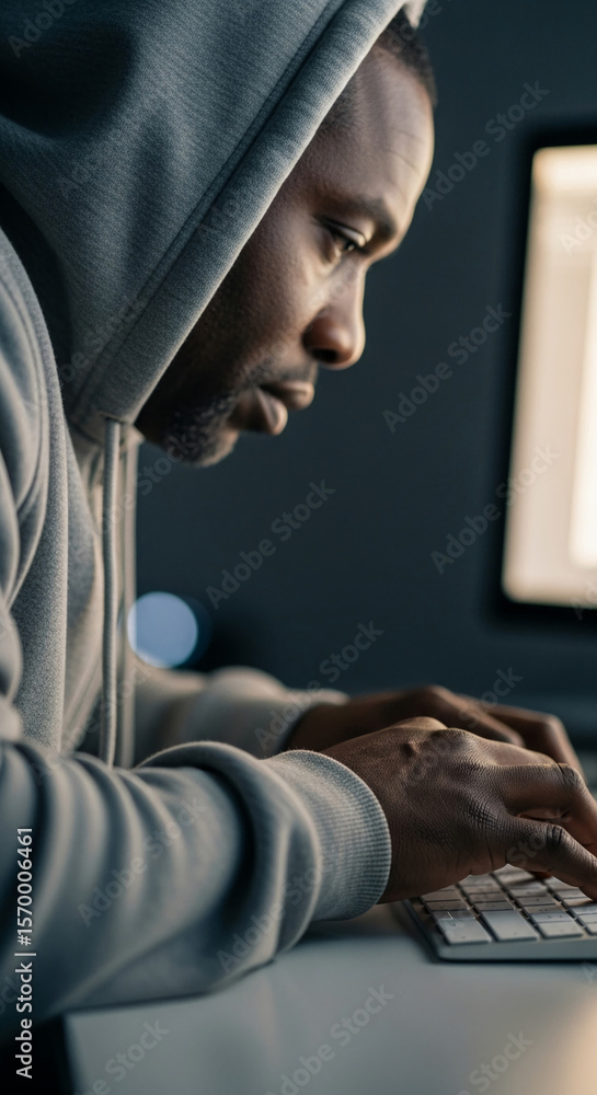 Poster close-up of man in gray hoodie using computer keyboard, focused on work, representing concentration 