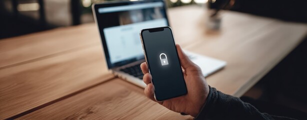 The smartphone displaying a security lock in a modern workspace environment.