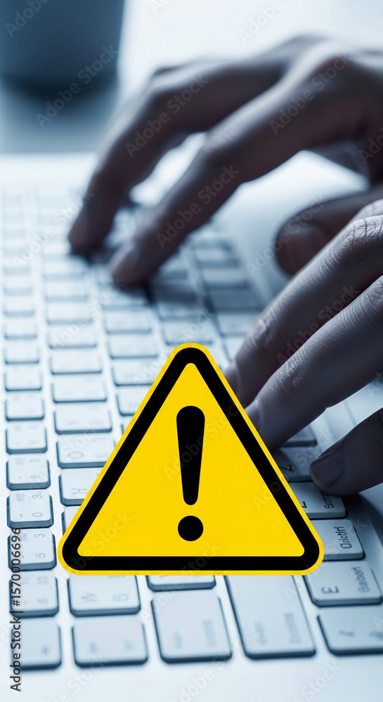 Fototapete close-up of hands typing on keyboard with superimposed yellow warning triangle, conveying online sec