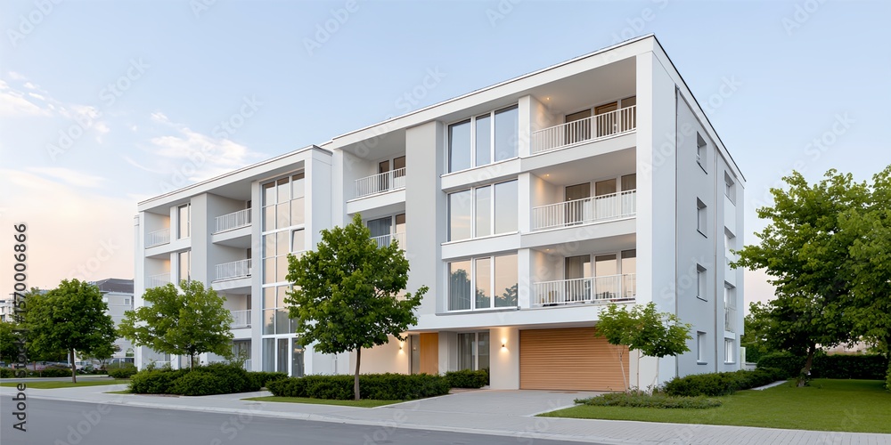 Poster large white building with a green tree in front of it