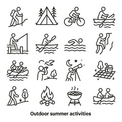 Summer outdoor activities collection, adventure, and leisure icon set for fun planning