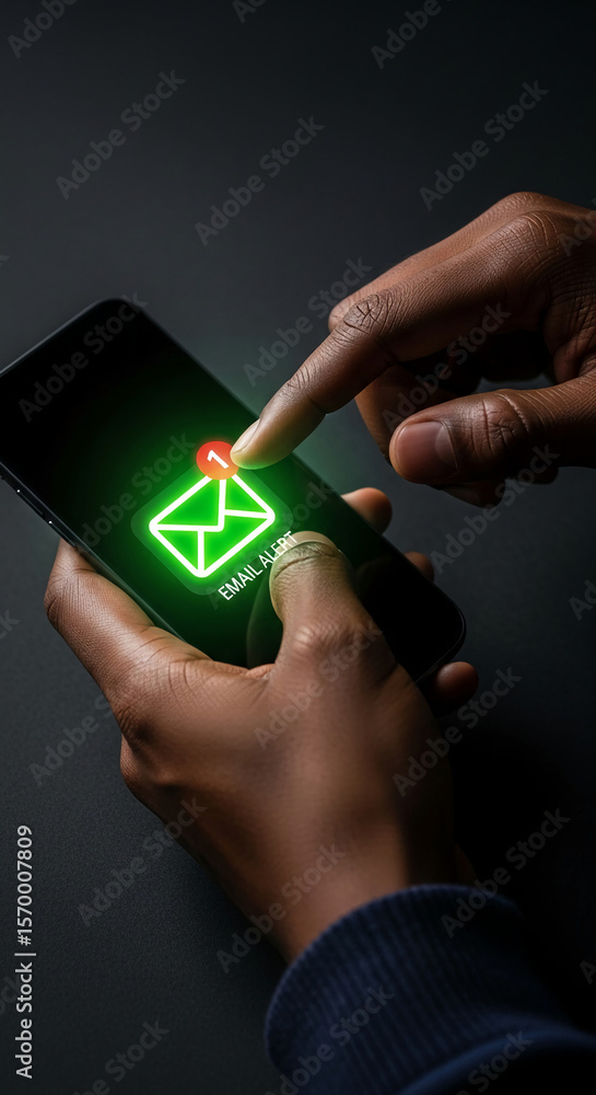 Poster dark-skinned hand interacts with smartphone displaying green email alert icon, representing digital 