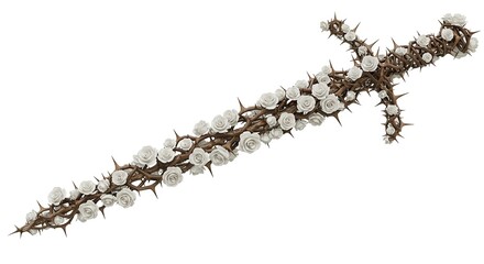 Fantasy Thorned Sword Adorned with White Roses - Artistic 3D render combining beauty and danger, symbolizing contrasting elements like peace and conflict, or love and pain.

