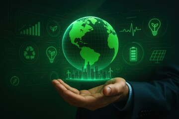Sustainable Future in Hand: A person's hand cradles a glowing green globe, symbolizing environmental protection and sustainable living. The scene is enriched with green tech icons.