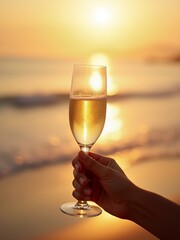 champagne in hand on beach