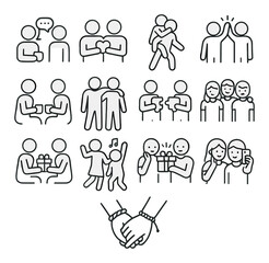 Friendship collection, social connection icons. community and relationship symbol set