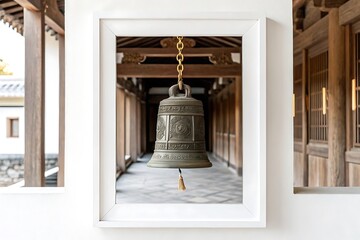 Obraz premium Antique japanese temple bell hanging ornate details isolated on white background
