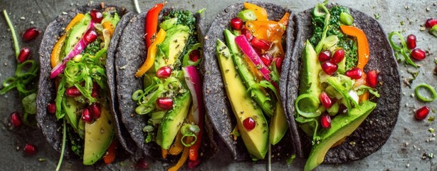 The delicious and colorful tacos filled with fresh vegetables and avocado.