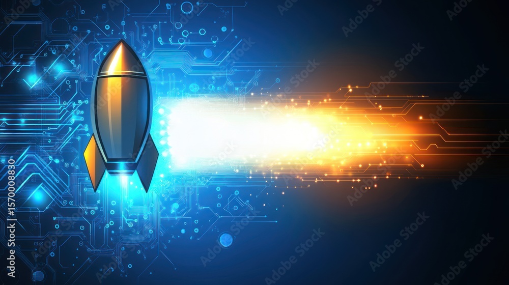 Poster rocket launching through digital network illuminating tech innovation